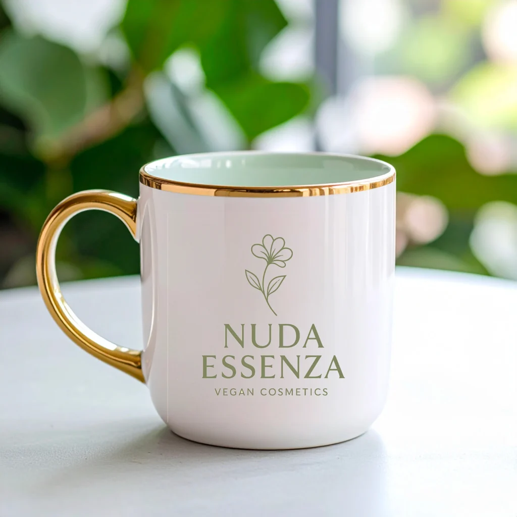 Tazza elegante con logo Nuda Essenza, simbolo del design etico per brand vegani e sostenibili.
