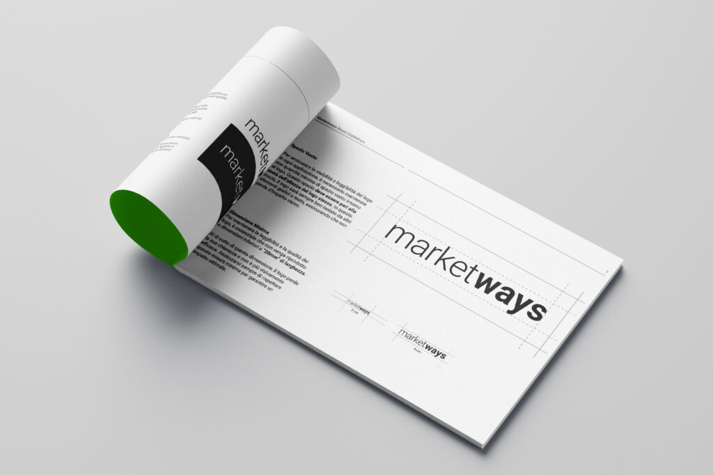 Mockup documento Brand Guidelines Marketways con logo e regole di utilizzo del marchio