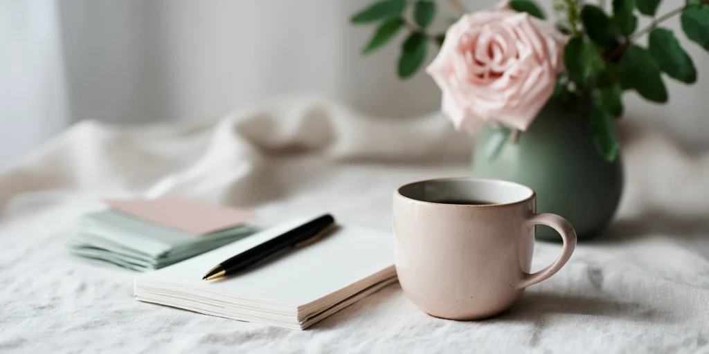 Tazza rosa su tavolo con quaderno, penna e vaso con rosa, immagine per pagina mi presento di Angelica Parisi