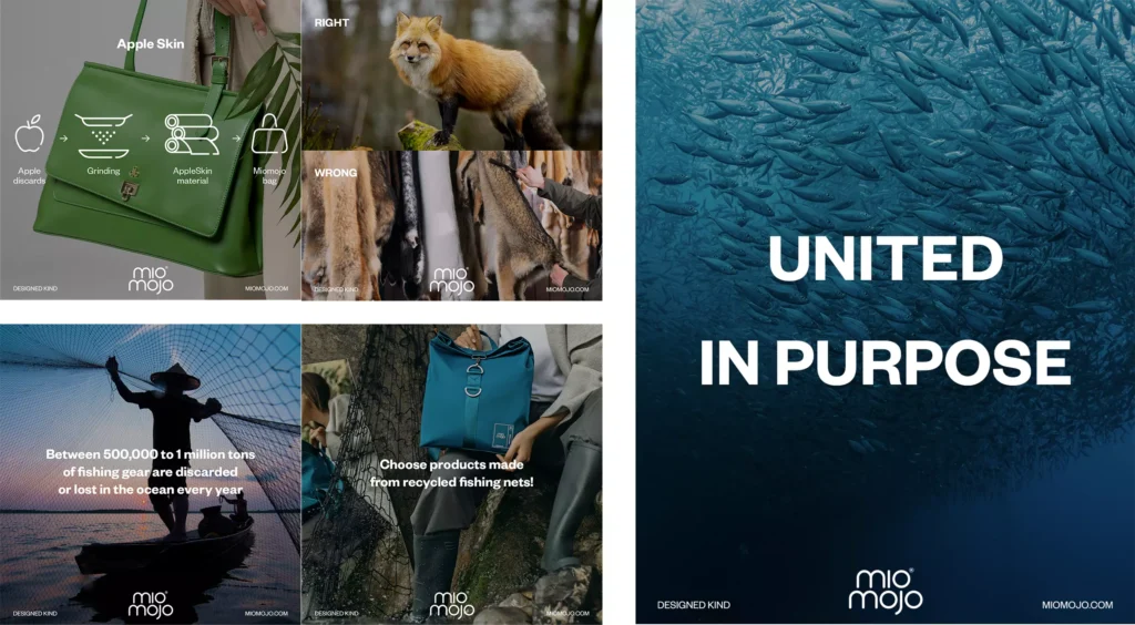 Collage di post LinkedIn realizzati per Miomojo: infografiche ambientali, messaggi etici e contenuti visuali per raccontare sostenibilità e fashion cruelty-free.