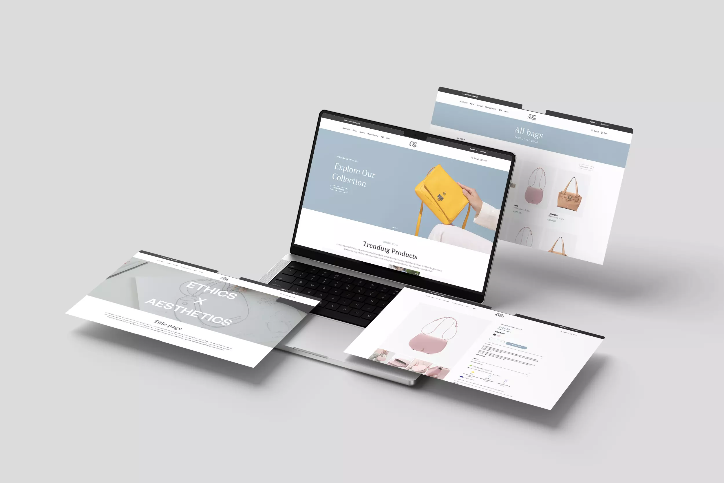 Mockup del sito web Miomojo con interfaccia e-commerce e pagine prodotto, progettazione grafica e comunicazione digitale.