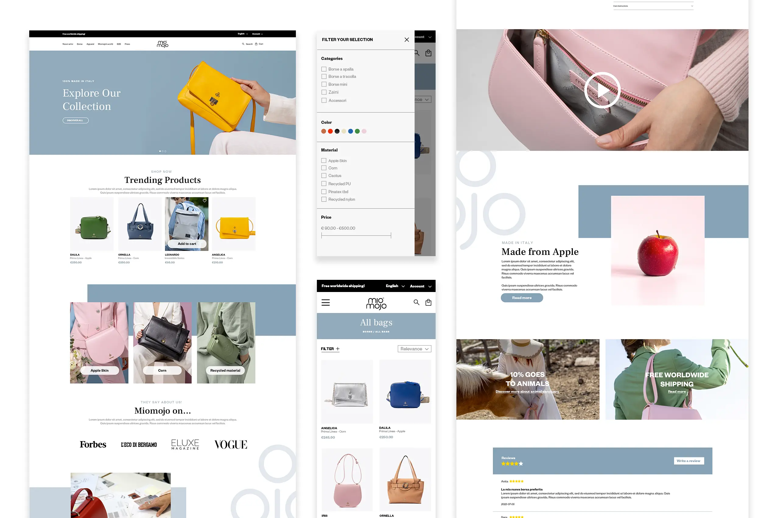 Progetto di web design per Miomojo: mockup e-commerce minimal ed elegante con homepage, filtro prodotti, vista mobile e scheda prodotto.