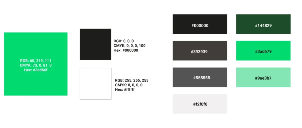 Palette cromatica Marketways con verde istituzionale, toni di verde scuro e chiaro, set di grigi, nero e bianco