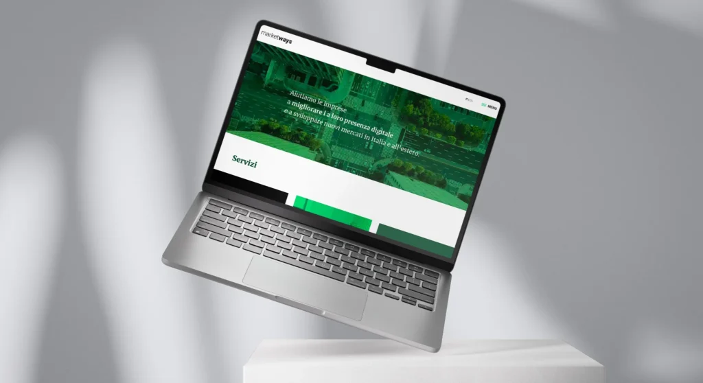 Sito web Marketways visualizzato su laptop, progettato per comunicare i servizi digitali in modo moderno e professionale