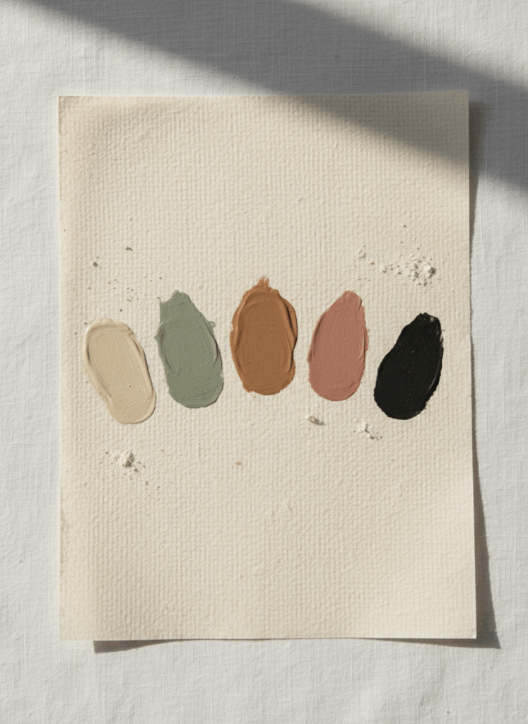 Palette cromatica del brand Roots & Flour con campioni di colore crema, verde salvia, cacao, rosa mandorla e nero grafite su carta materica