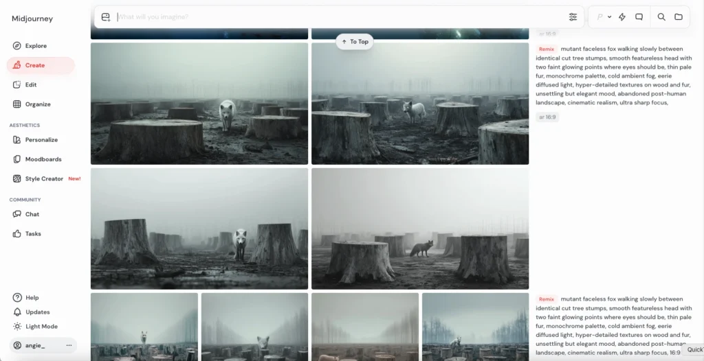 Schermata di Midjourney che mostra la generazione delle immagini del progetto Eredi del disastro, con una volpe pallida tra ceppi d’albero in un paesaggio freddo e nebbioso.