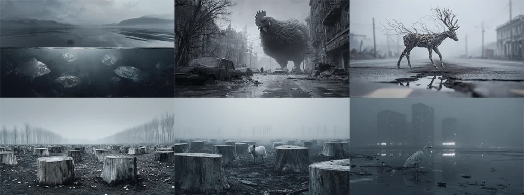 Selezione di immagini del progetto Eredi del disastro dopo la color correction, con paesaggi post-umani freddi e nebbiosi, una volpe pallida tra ceppi d’albero, un cervo metallico, pesci in acque scure e città desolate illuminate dalla foschia.