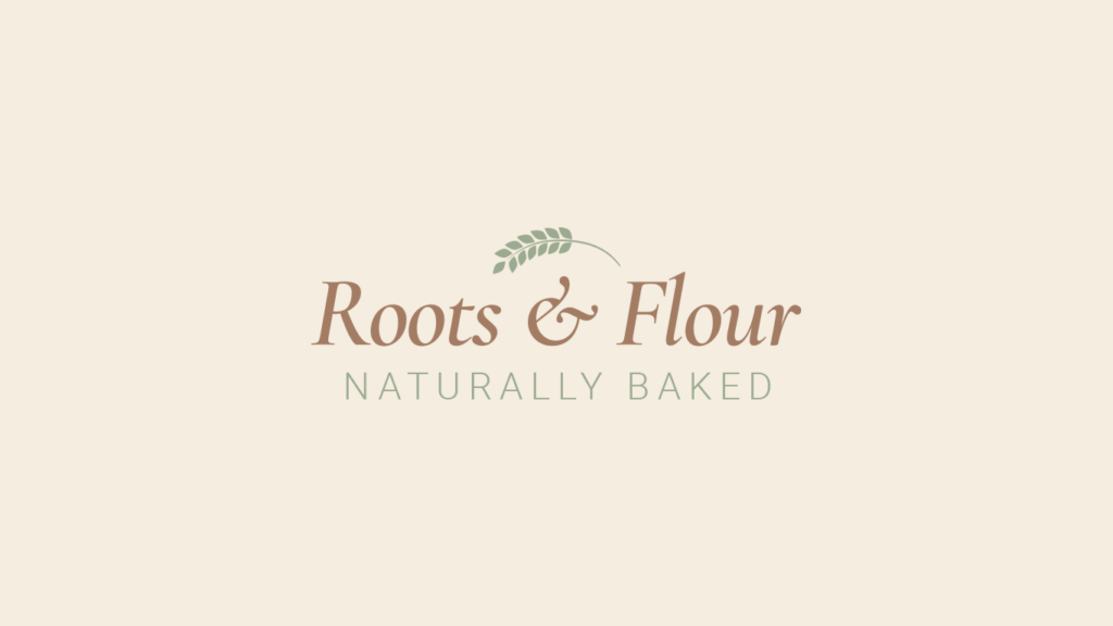 Tavola del logo design di Roots & Flour con logotipo, payoff e icona della spiga su sfondo chiaro