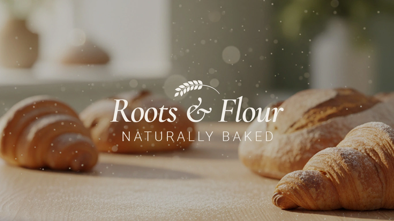 Copertina del progetto Roots & Flour, logo bianco su sfondo con croissant e pane appena sfornati in un ambiente naturale e luminoso