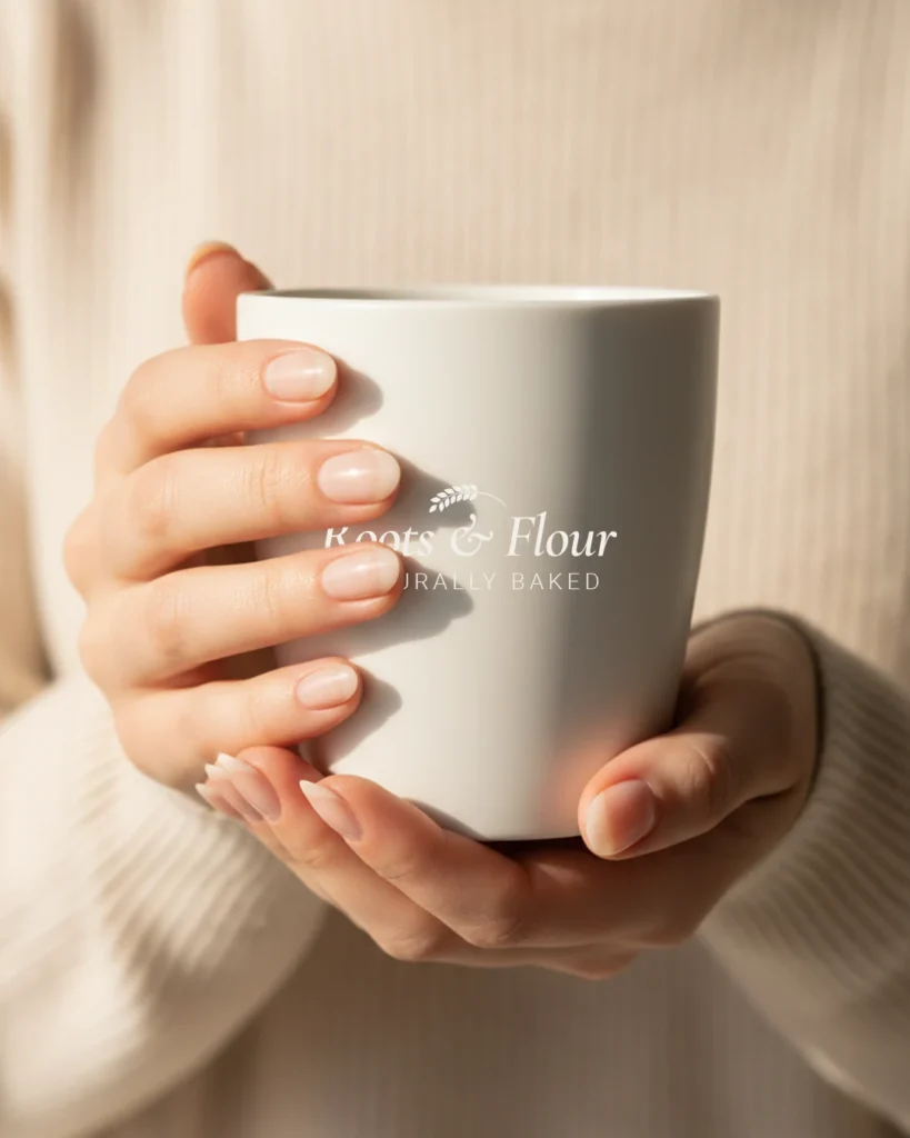 Tazza bianca con logo Roots & Flour tenuta tra le mani, fotografia naturale e luminosa