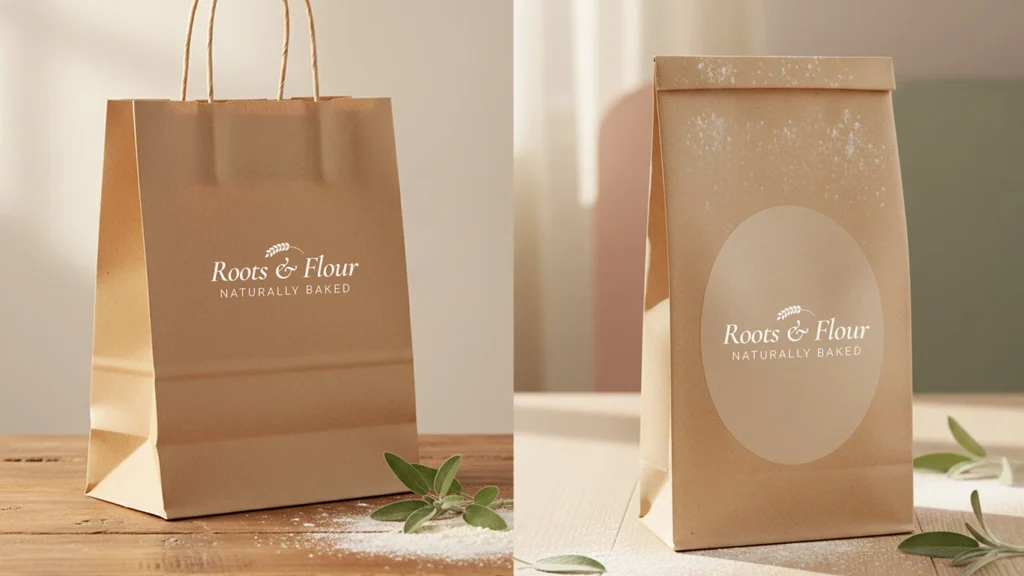 Mockup del packaging di Roots & Flour con shopper e sacchetto kraft personalizzati, atmosfera naturale e polvere di farina
