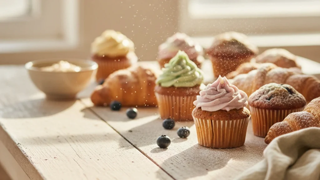 Fotografia in stile naturale del brand Roots & Flour con muffin, croissant e frutti di bosco illuminati da luce calda mattutina