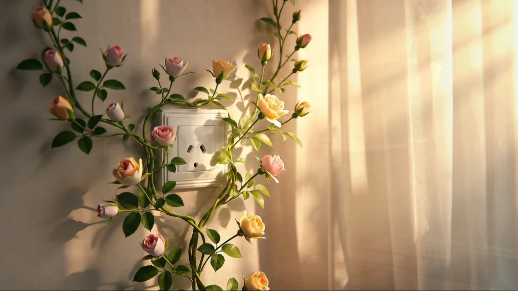 Scena del progetto Quando la terra riprende fiato, con rampicanti e rose che crescono da una presa elettrica in un interno illuminato dal sole.