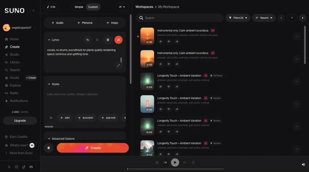 Schermata di Suno utilizzata per creare la musica del progetto Quando la terra riprende fiato.